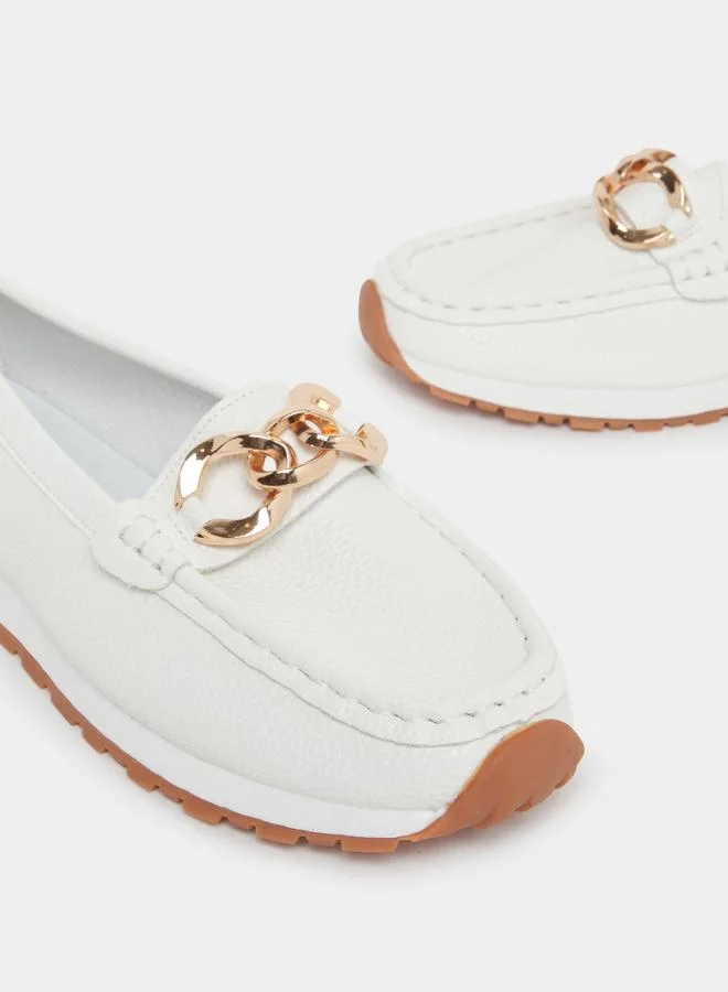 Take Two  White Leather Loafers with Gold Buckle for Women | Best Price UAE